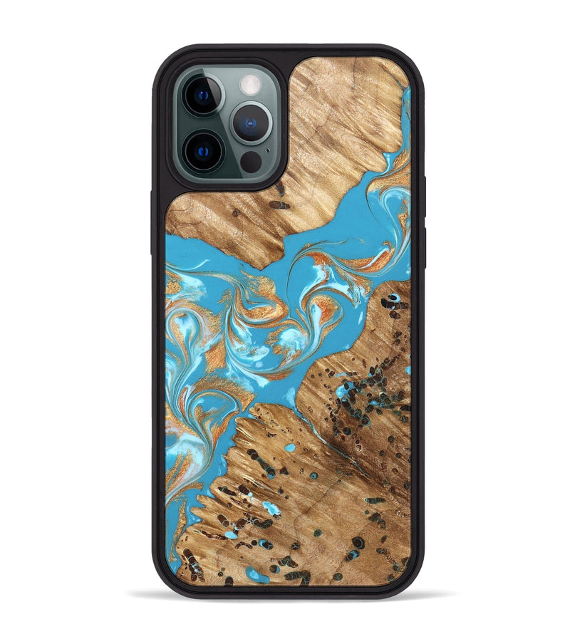 iPhone 12 Pro Max Wood Phone Case - Qiana (Teal & Gold, 822149)