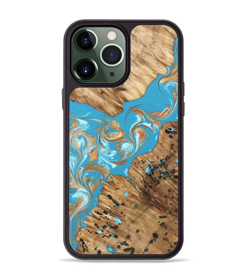 iPhone 13 Pro Max Wood Phone Case - Qiana (Teal & Gold, 822149)
