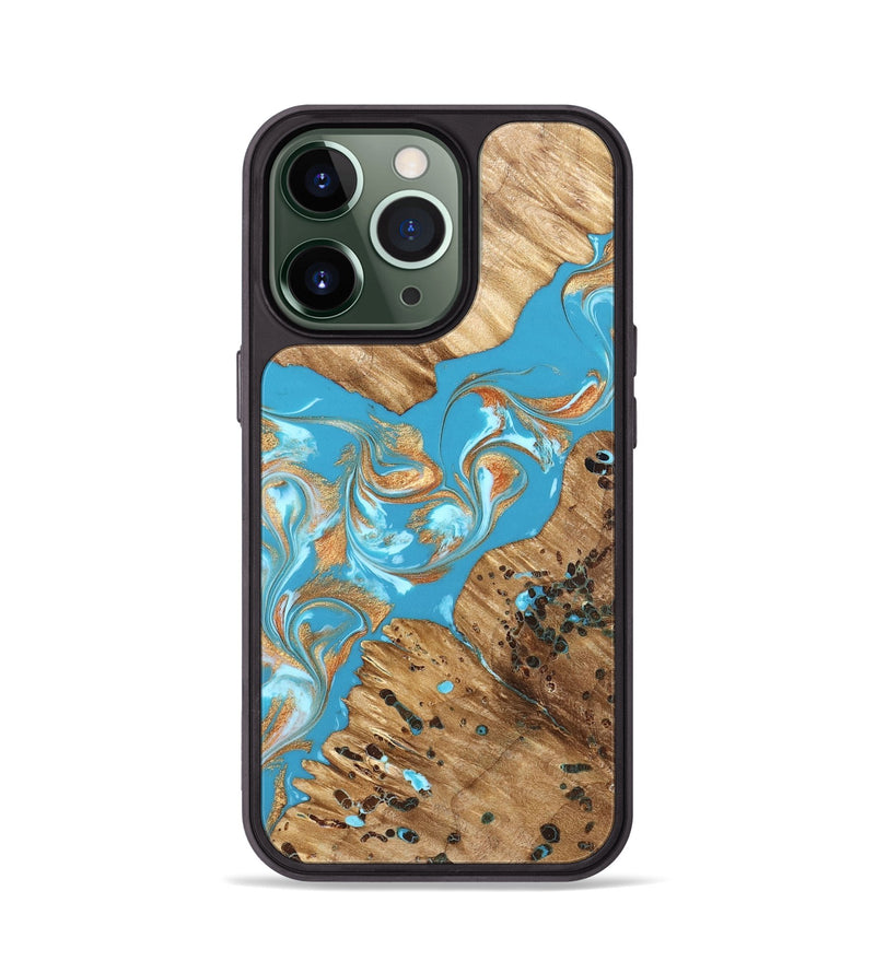 iPhone 13 Pro Wood Phone Case - Qiana (Teal & Gold, 822149)