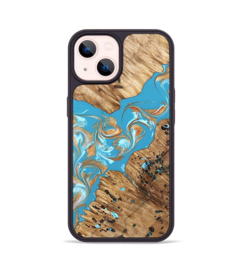 iPhone 14 Wood Phone Case - Qiana (Teal & Gold, 822149)