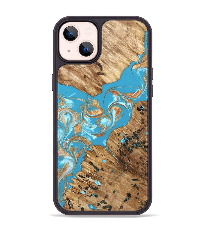 iPhone 14 Plus Wood Phone Case - Qiana (Teal & Gold, 822149)