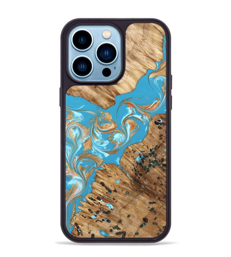 iPhone 14 Pro Max Wood Phone Case - Qiana (Teal & Gold, 822149)