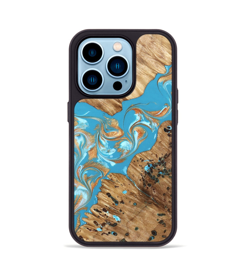 iPhone 14 Pro Wood Phone Case - Qiana (Teal & Gold, 822149)