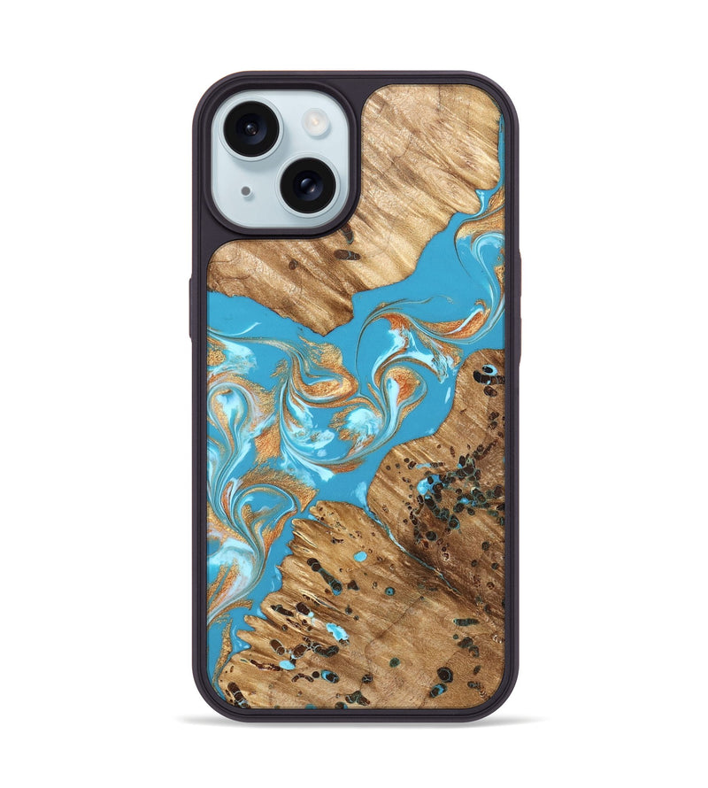 iPhone 15 Wood Phone Case - Qiana (Teal & Gold, 822149)