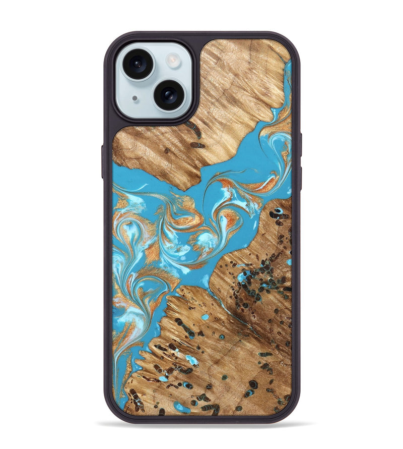 iPhone 15 Plus Wood Phone Case - Qiana (Teal & Gold, 822149)