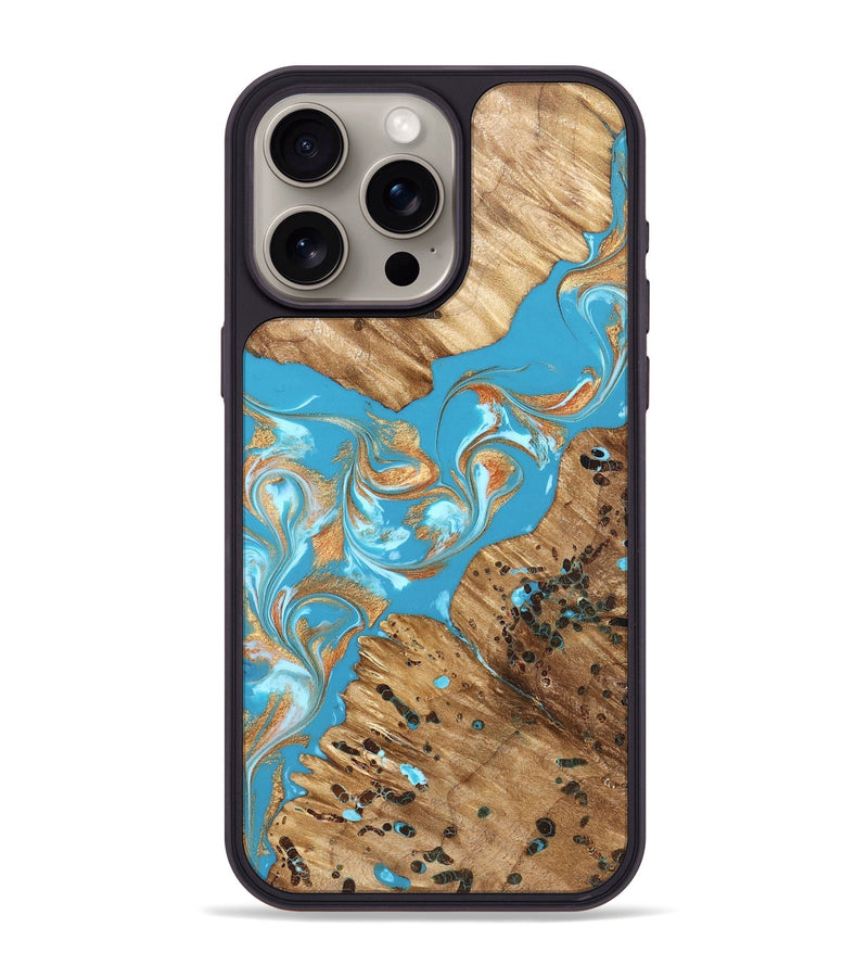 iPhone 15 Pro Max Wood Phone Case - Qiana (Teal & Gold, 822149)