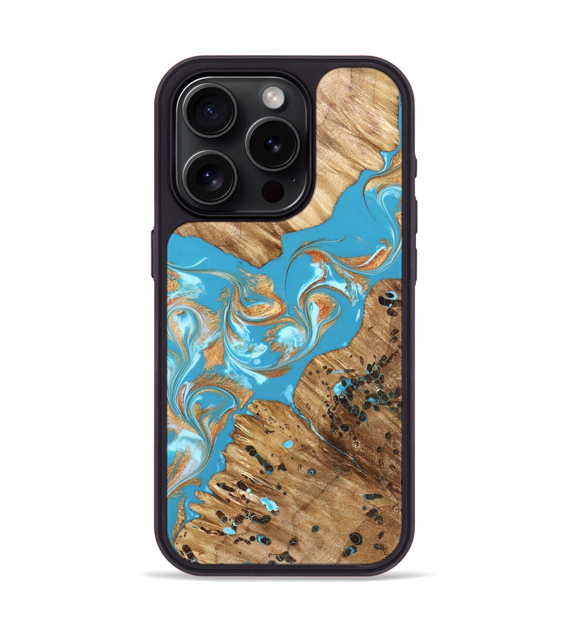 iPhone 15 Pro Wood Phone Case - Qiana (Teal & Gold, 822149)