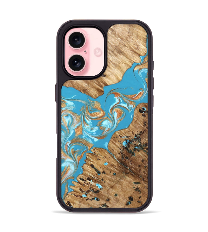 iPhone 16 Wood Phone Case - Qiana (Teal & Gold, 822149)