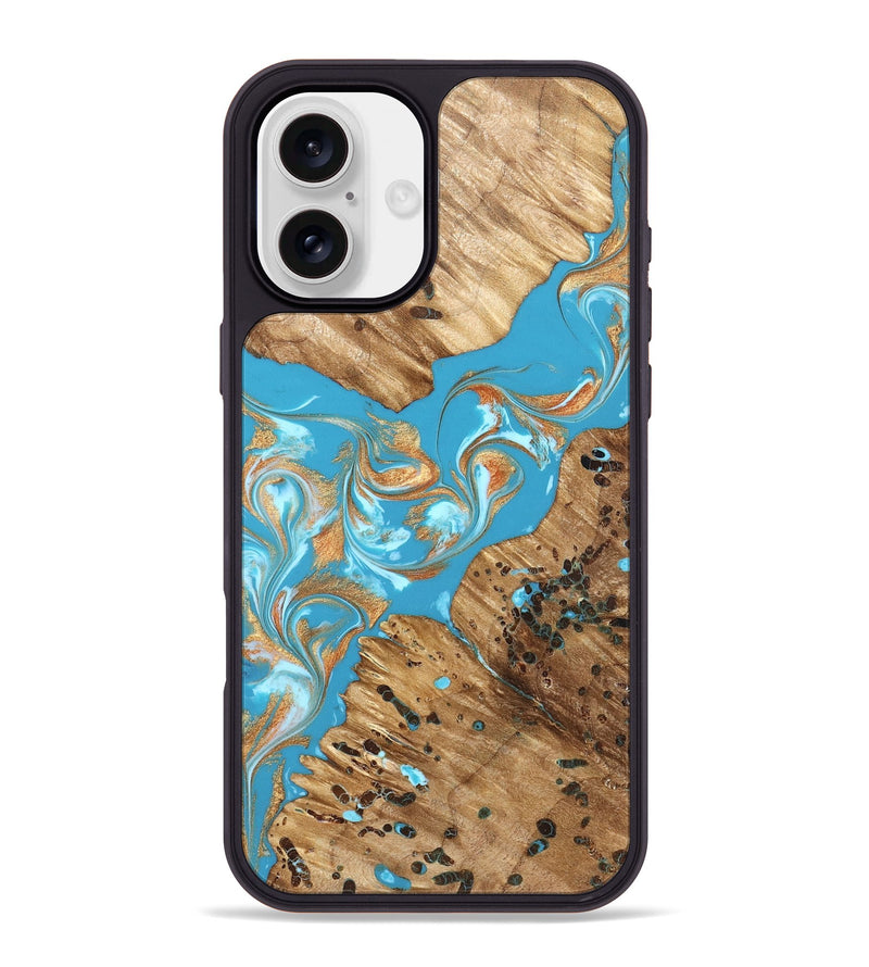 iPhone 16 Plus Wood Phone Case - Qiana (Teal & Gold, 822149)