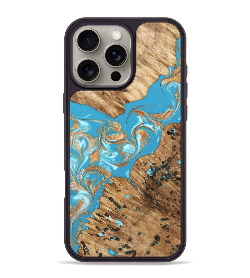 iPhone 16 Pro Max Wood Phone Case - Qiana (Teal & Gold, 822149)