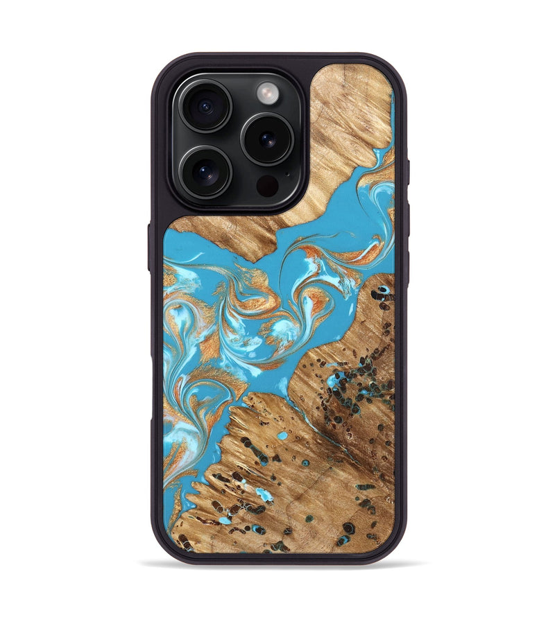 iPhone 16 Pro Wood Phone Case - Qiana (Teal & Gold, 822149)