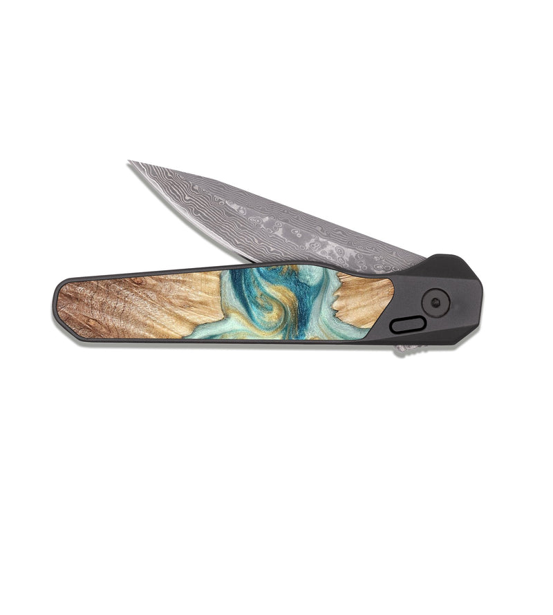 EDC Dark Damascus Wood Pocket Knife - Isadore (Teal & Gold, 822151)