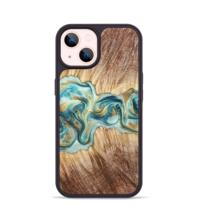 iPhone 14 Wood Phone Case - Isadore (Teal & Gold, 822151)