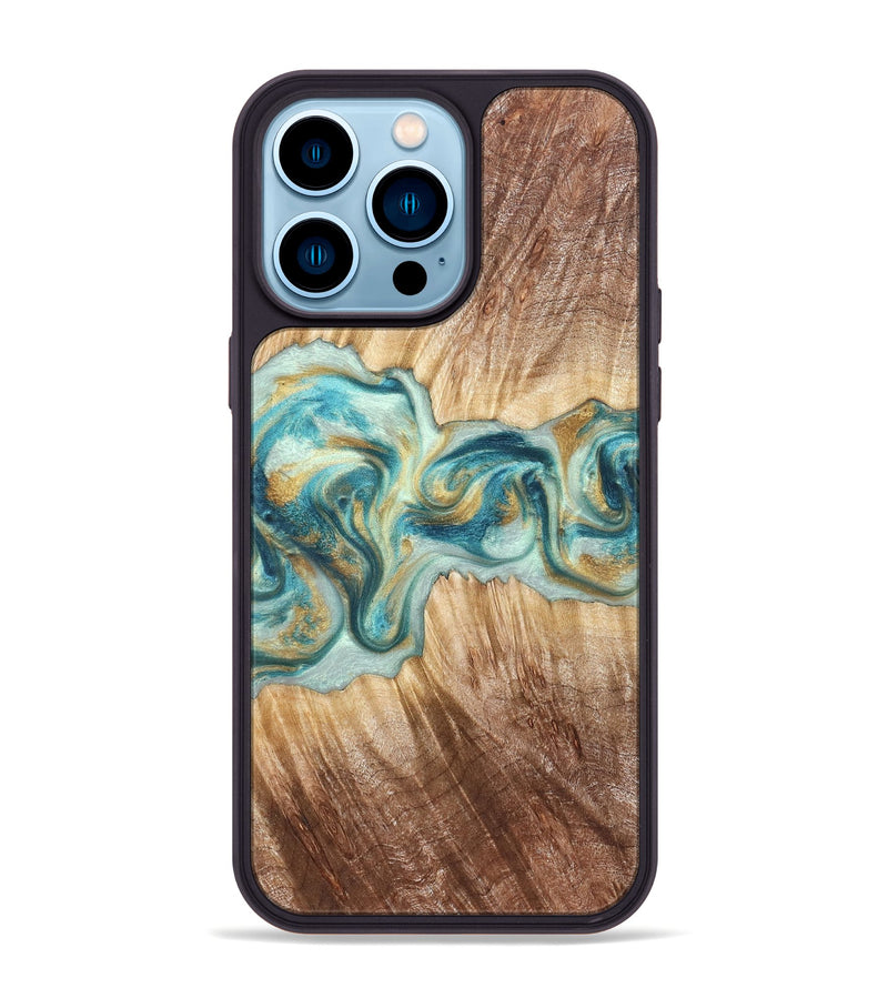 iPhone 14 Pro Max Wood Phone Case - Isadore (Teal & Gold, 822151)