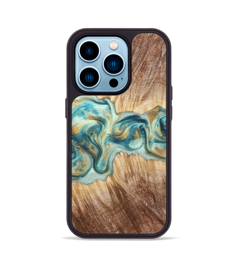 iPhone 14 Pro Wood Phone Case - Isadore (Teal & Gold, 822151)
