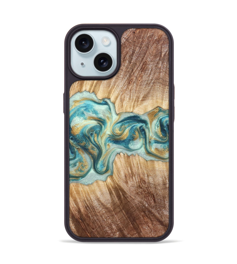 iPhone 15 Wood Phone Case - Isadore (Teal & Gold, 822151)