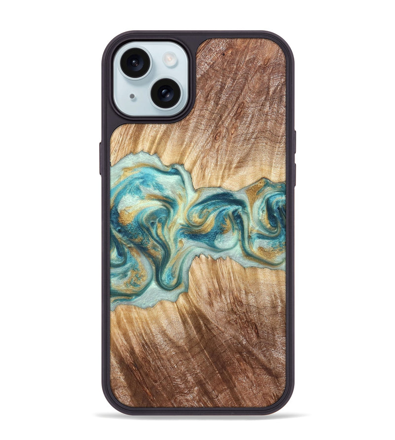 iPhone 15 Plus Wood Phone Case - Isadore (Teal & Gold, 822151)