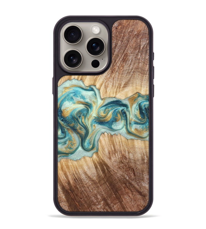 iPhone 15 Pro Max Wood Phone Case - Isadore (Teal & Gold, 822151)