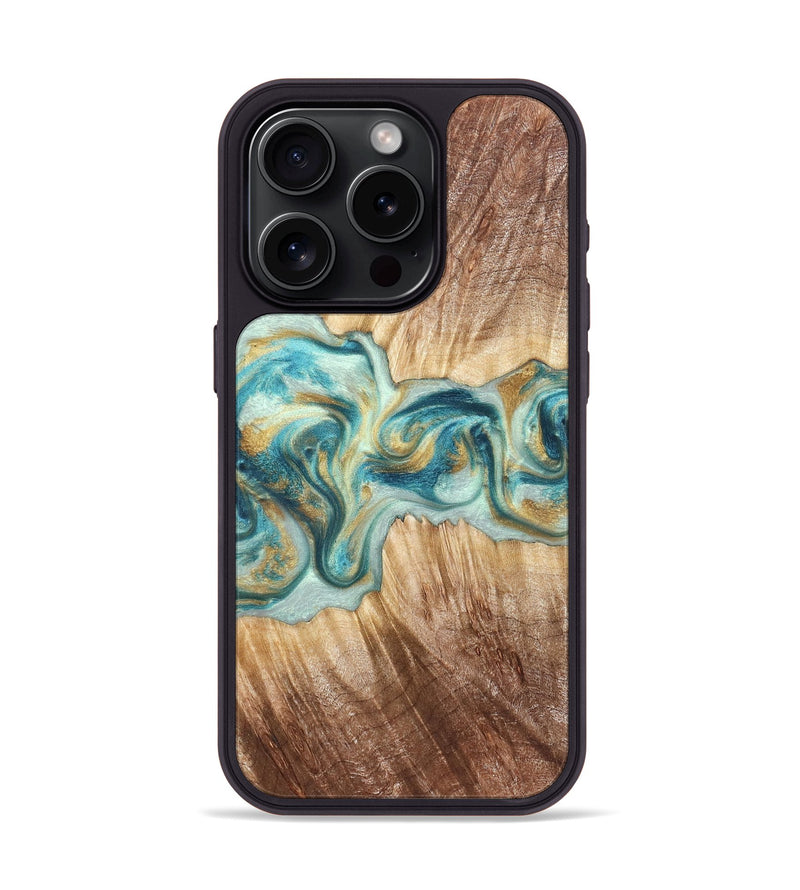 iPhone 15 Pro Wood Phone Case - Isadore (Teal & Gold, 822151)