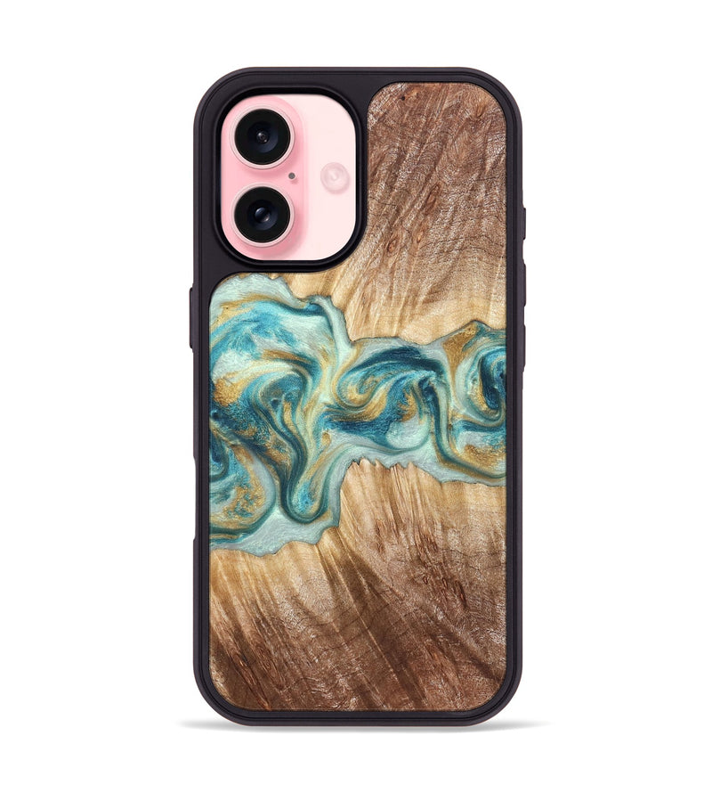 iPhone 16 Wood Phone Case - Isadore (Teal & Gold, 822151)