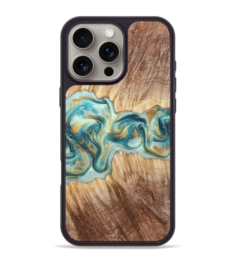 iPhone 16 Pro Max Wood Phone Case - Isadore (Teal & Gold, 822151)