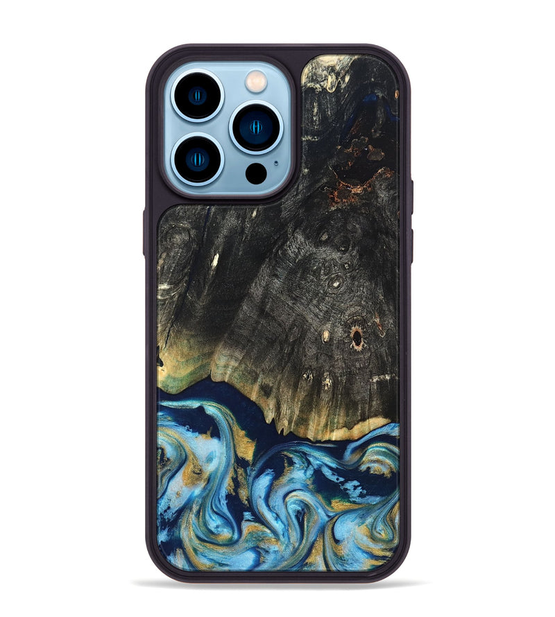 iPhone 14 Pro Max Wood Phone Case - Devonta (Teal & Gold, 822153)