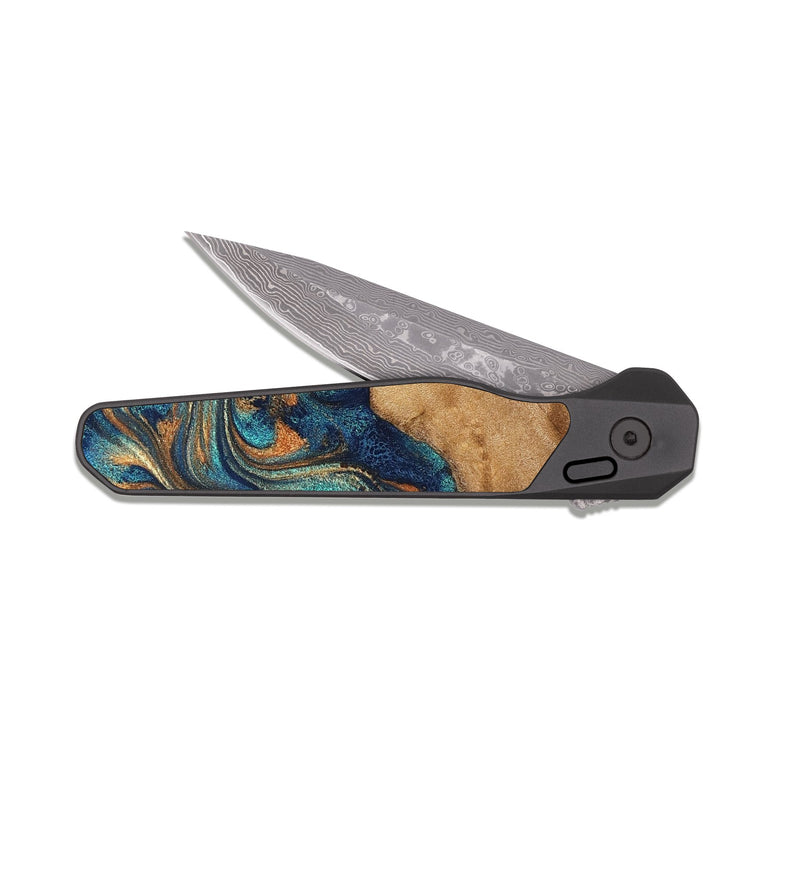 EDC Dark Damascus Wood Pocket Knife - Aisha (Teal & Gold, 822154)
