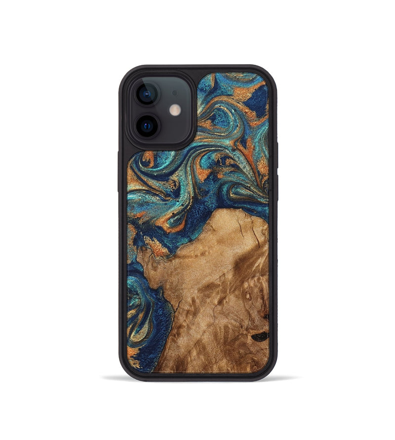 iPhone 12 mini Wood Phone Case - Aisha (Teal & Gold, 822154)