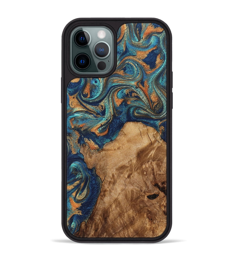 iPhone 12 Pro Max Wood Phone Case - Aisha (Teal & Gold, 822154)