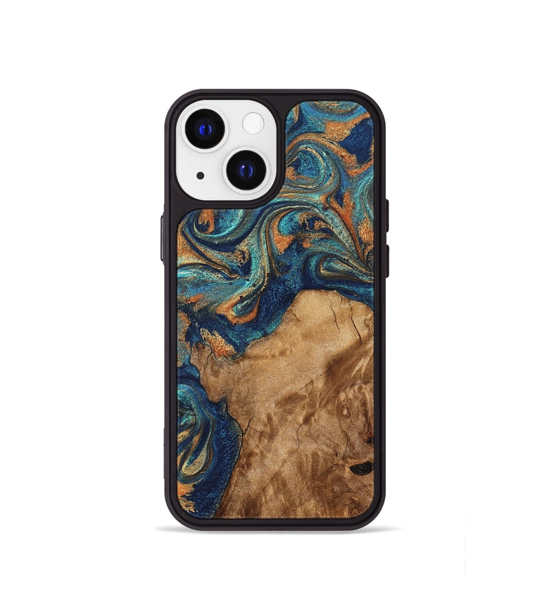 iPhone 13 mini Wood Phone Case - Aisha (Teal & Gold, 822154)