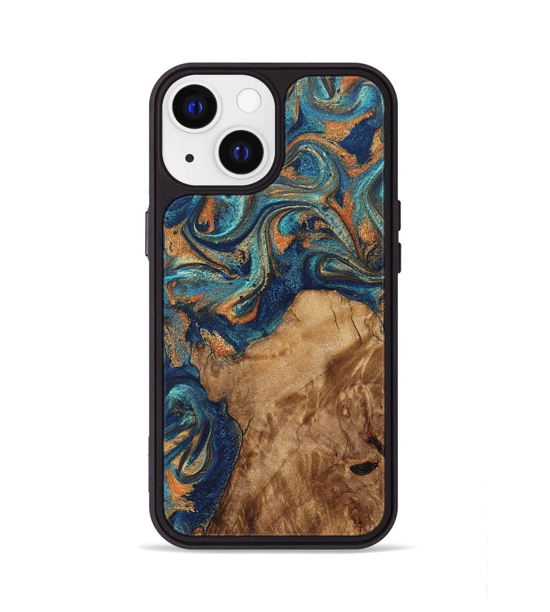 iPhone 13 Wood Phone Case - Aisha (Teal & Gold, 822154)