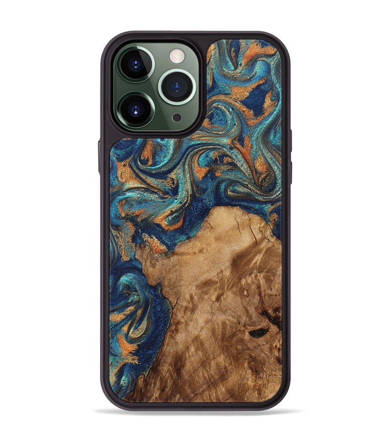 iPhone 13 Pro Max Wood Phone Case - Aisha (Teal & Gold, 822154)