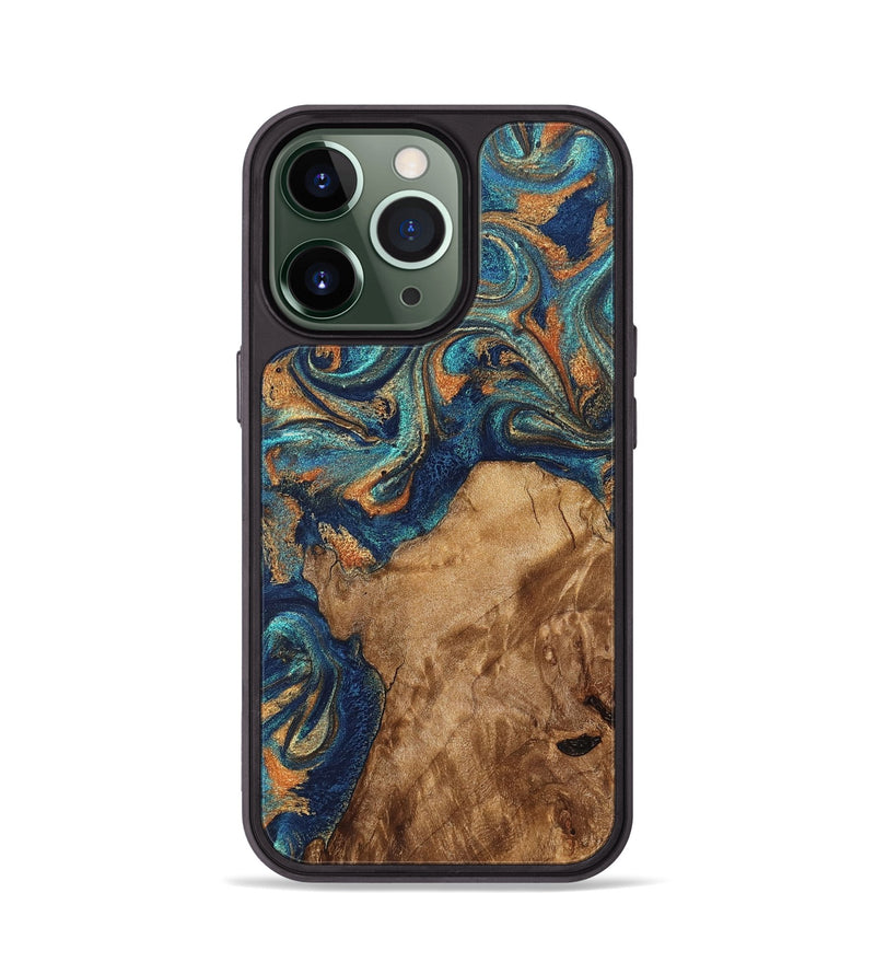 iPhone 13 Pro Wood Phone Case - Aisha (Teal & Gold, 822154)