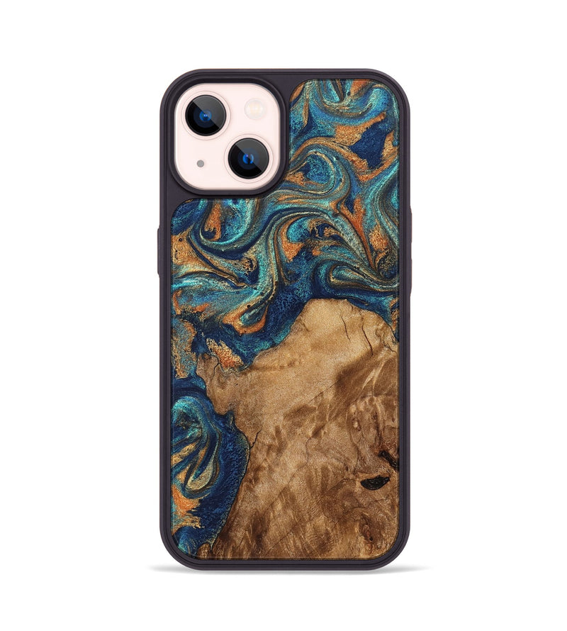 iPhone 14 Wood Phone Case - Aisha (Teal & Gold, 822154)