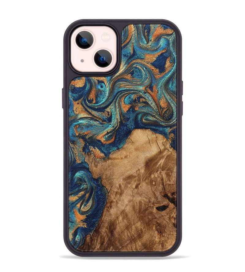 iPhone 14 Plus Wood Phone Case - Aisha (Teal & Gold, 822154)