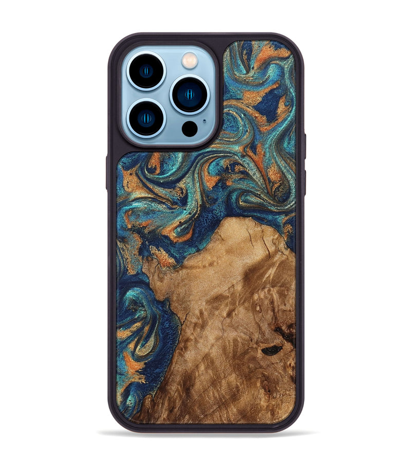 iPhone 14 Pro Max Wood Phone Case - Aisha (Teal & Gold, 822154)