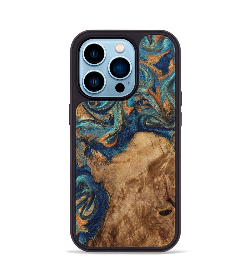 iPhone 14 Pro Wood Phone Case - Aisha (Teal & Gold, 822154)