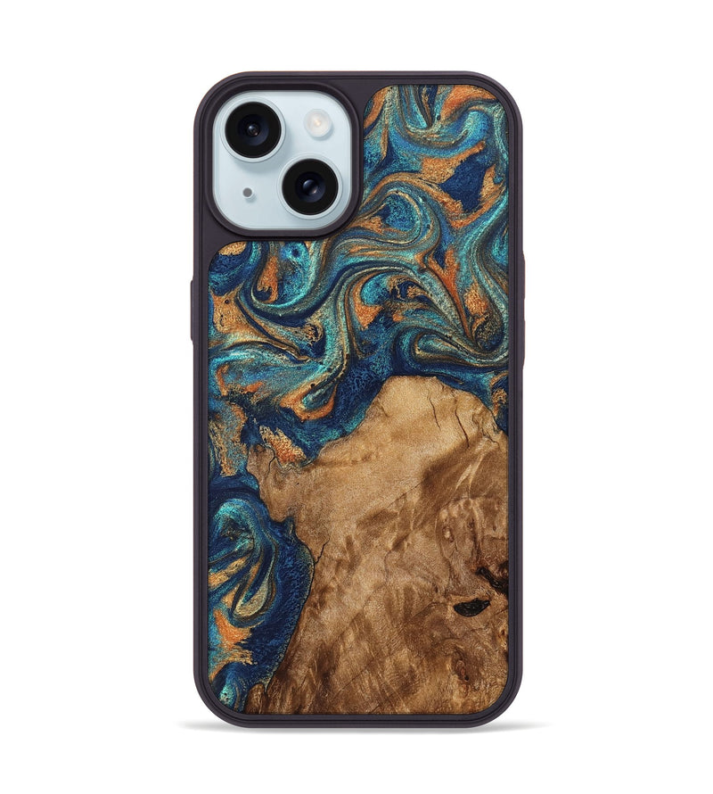 iPhone 15 Wood Phone Case - Aisha (Teal & Gold, 822154)
