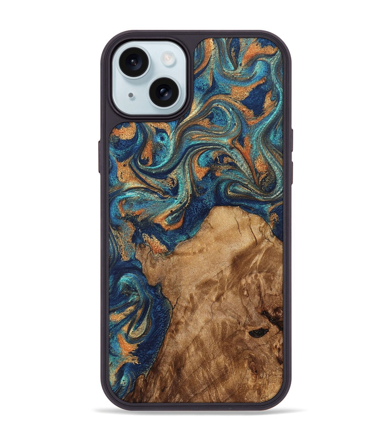 iPhone 15 Plus Wood Phone Case - Aisha (Teal & Gold, 822154)