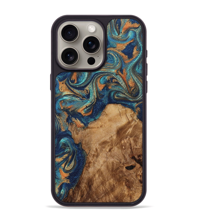 iPhone 15 Pro Max Wood Phone Case - Aisha (Teal & Gold, 822154)