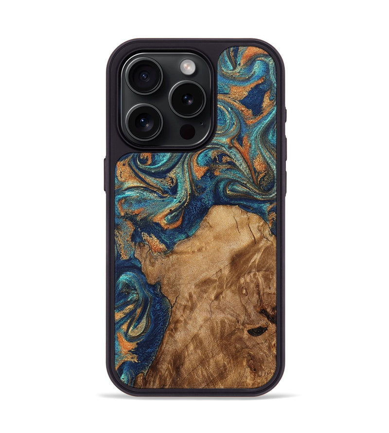 iPhone 15 Pro Wood Phone Case - Aisha (Teal & Gold, 822154)