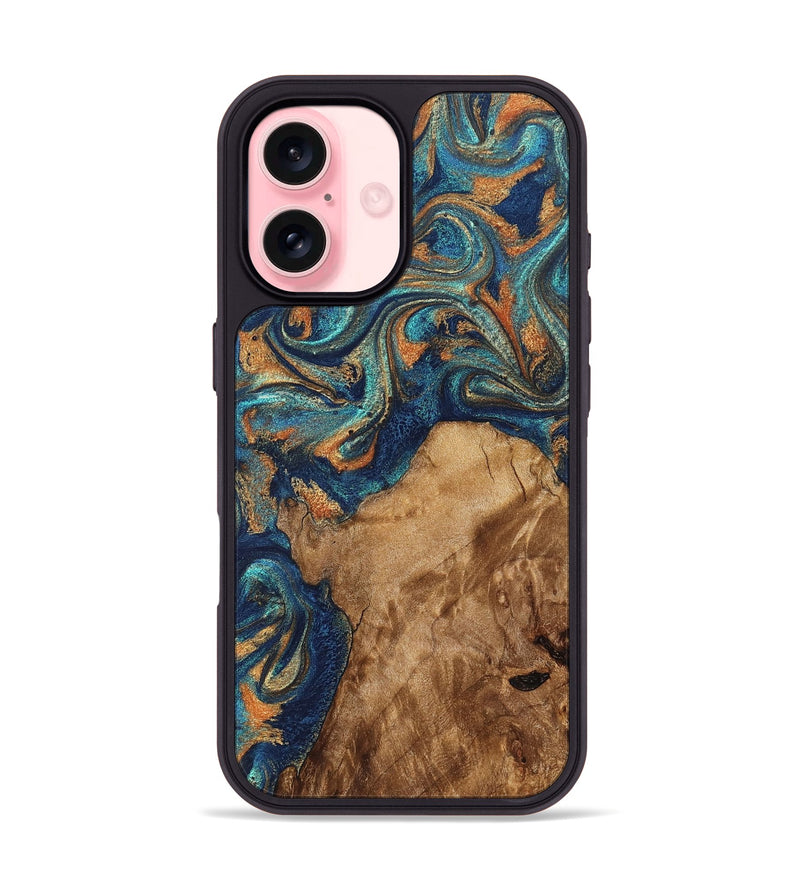 iPhone 16 Wood Phone Case - Aisha (Teal & Gold, 822154)
