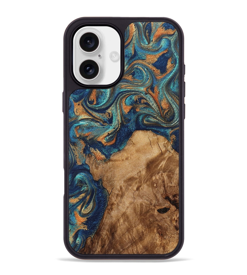 iPhone 16 Plus Wood Phone Case - Aisha (Teal & Gold, 822154)