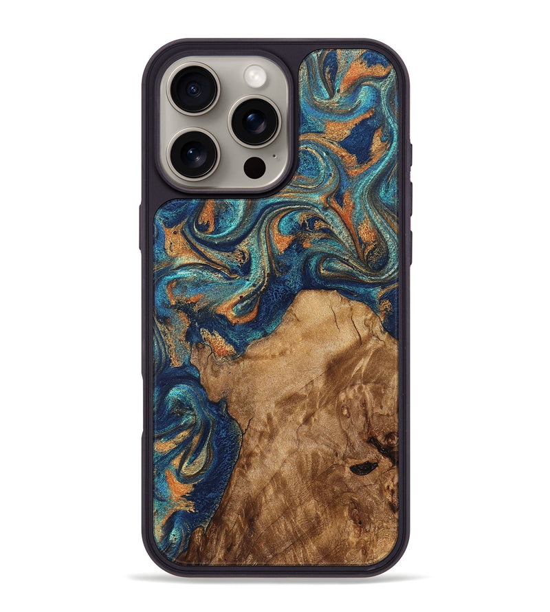 iPhone 16 Pro Max Wood Phone Case - Aisha (Teal & Gold, 822154)
