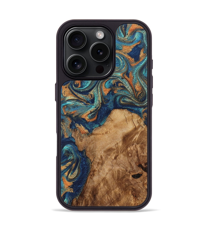 iPhone 16 Pro Wood Phone Case - Aisha (Teal & Gold, 822154)