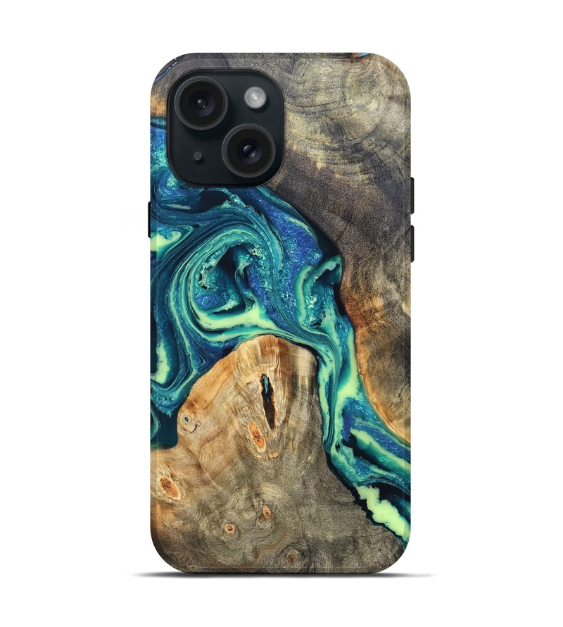 iPhone 15 Wood Live Edge Phone Case - Quinton (Blue, 822162)