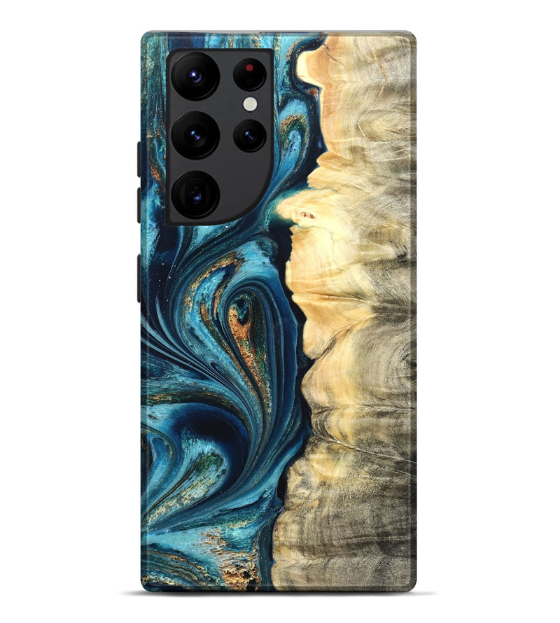 Galaxy S22 Ultra Wood Live Edge Phone Case - Sudie (Teal & Gold, 822166)