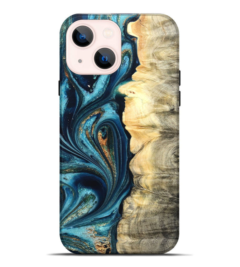 iPhone 14 Plus Wood Live Edge Phone Case - Sudie (Teal & Gold, 822166)