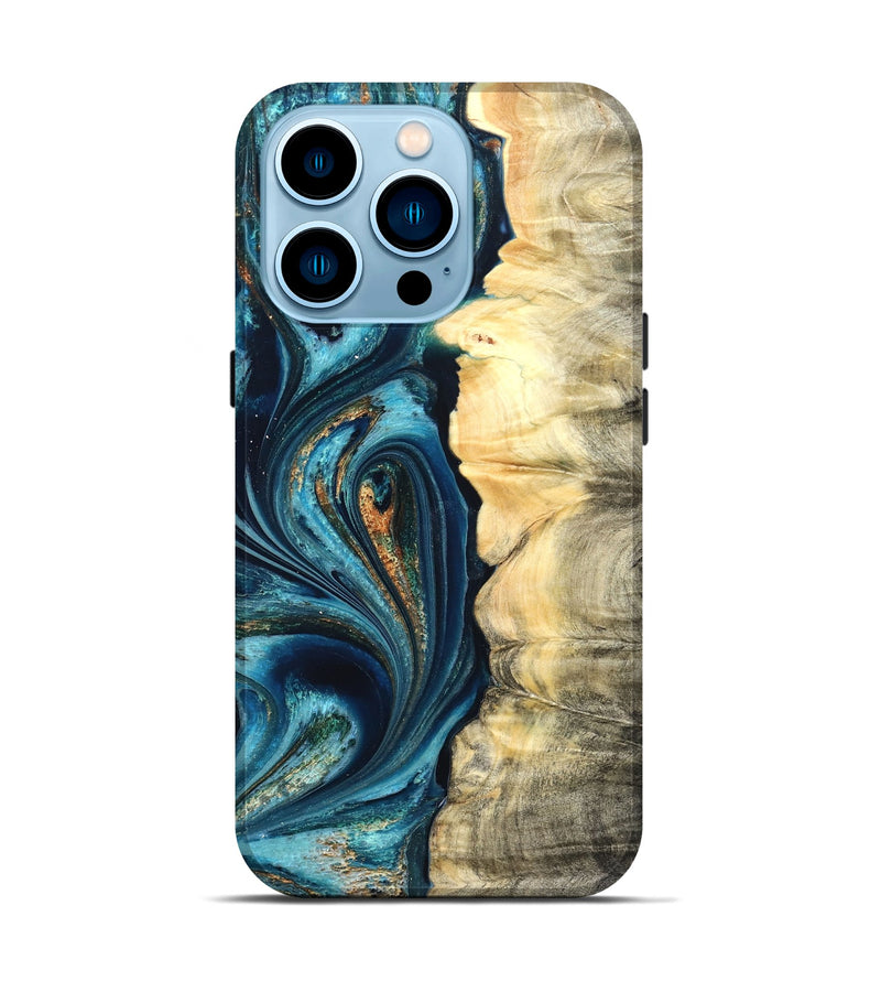 iPhone 14 Pro Wood Live Edge Phone Case - Sudie (Teal & Gold, 822166)