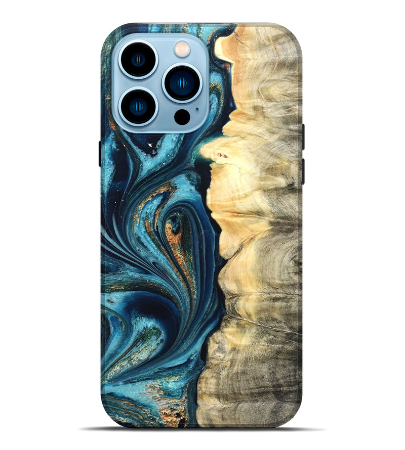 iPhone 14 Pro Max Wood Live Edge Phone Case - Sudie (Teal & Gold, 822166)